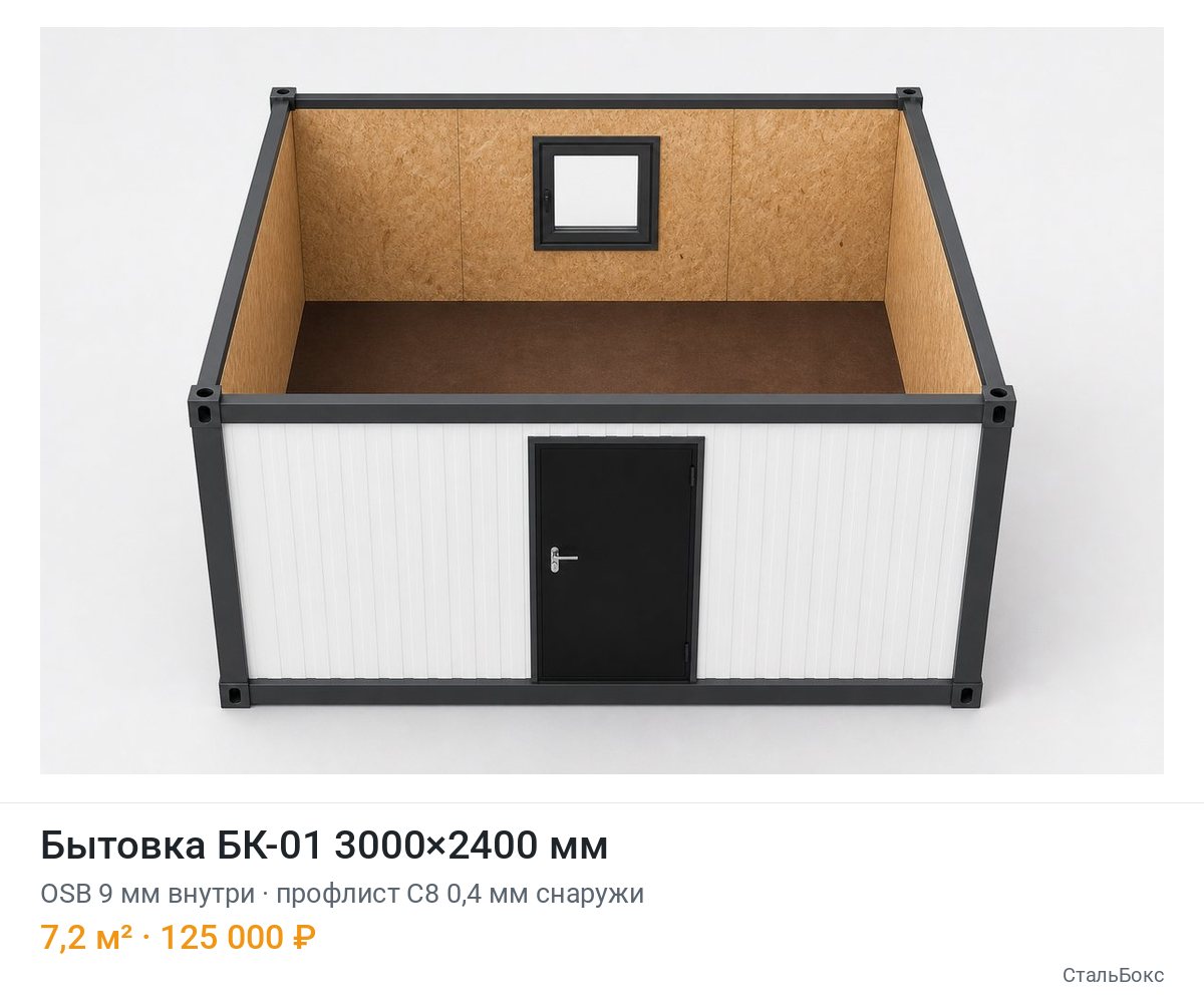 Бытовка БК-01 3000×2400, OSB 9 мм внутри, профлист С8 0,4 мм снаружи — 125 000 ₽